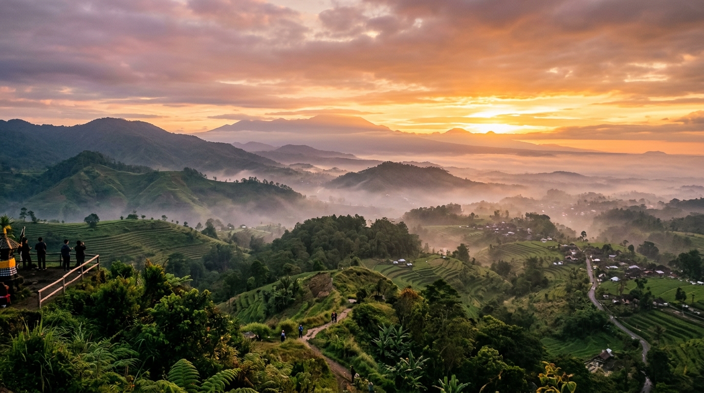 Golden sunset over the cool highlands of Bedugul, Bali