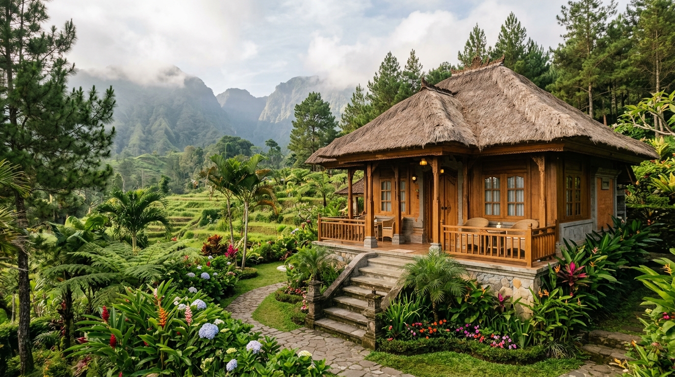 Umah Luwih Villa Bedugul architecture and garden surrounded by highlands